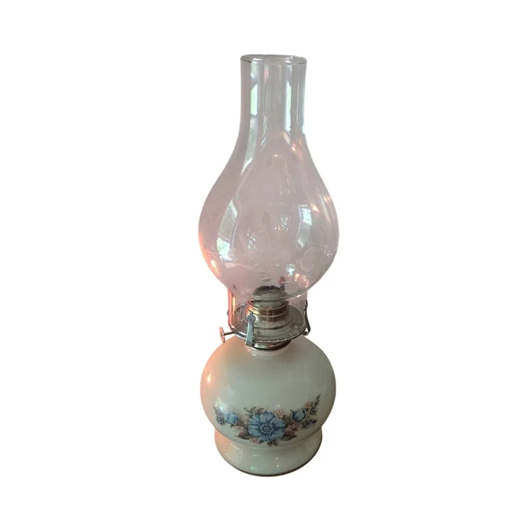 Vintage Lamplight Farms Oil Lamp Blue Floral Milk Glass Princess House Chimney